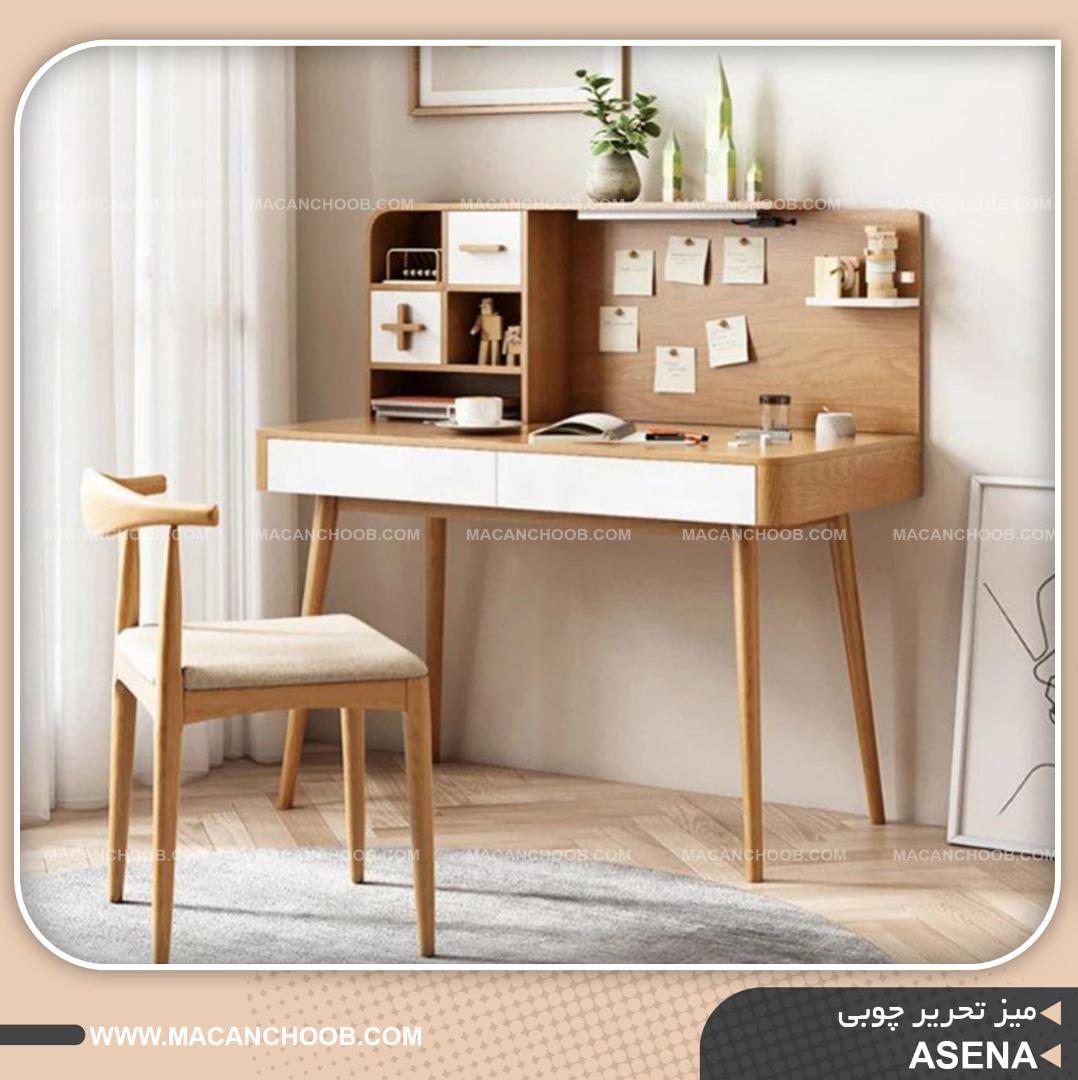 میز تحریر و مطالعه چوبی کشو و کتابخانه دار حاشیه کرو شده  بدنه نچرال مدل ASENA